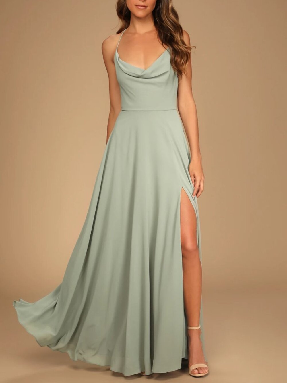 Romantically Speaking Sage Green Cowl Lace-Up Maxi Dress